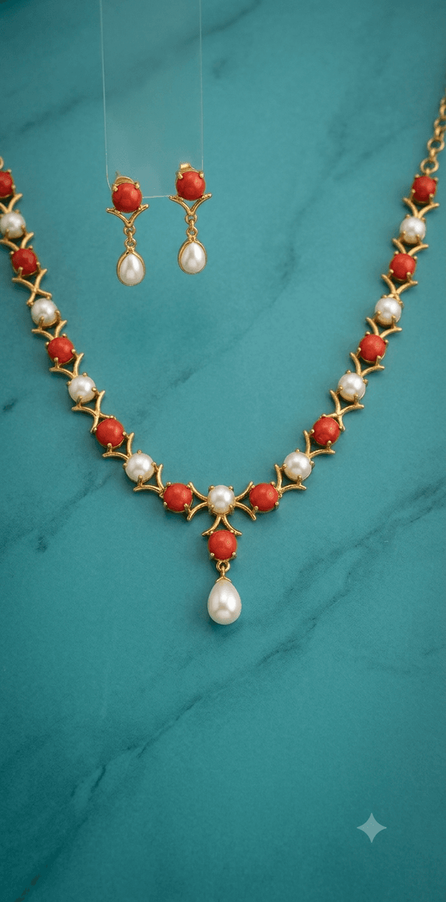 Coral and pearl necklace set