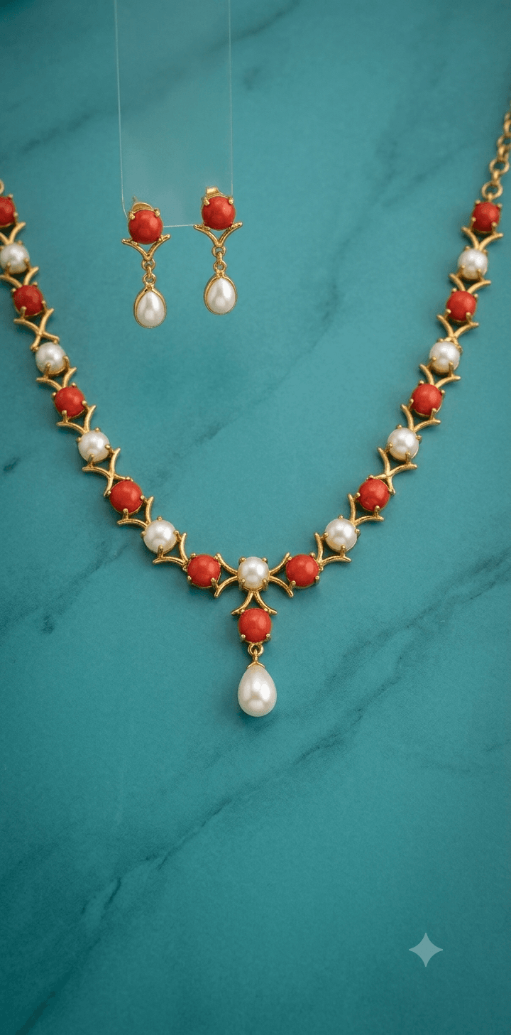 Coral and pearl necklace set - Image 1